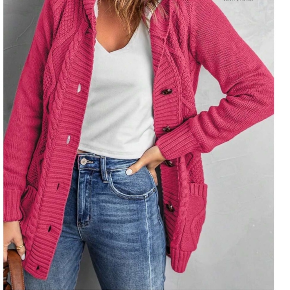 Cozy Pink Teddy Lined Cable Knit Hoodie Cardigan Jacket Shacket XS S M L XL XXL